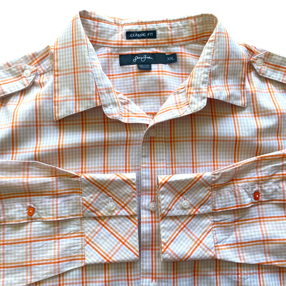 Sean John Plus Size Classic Fit Men’s Cotton XXL Long Sleeve Orange White Shirt